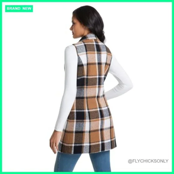Long Wool Blend Plaid Vest Sleeveless Blazer Trench Coat